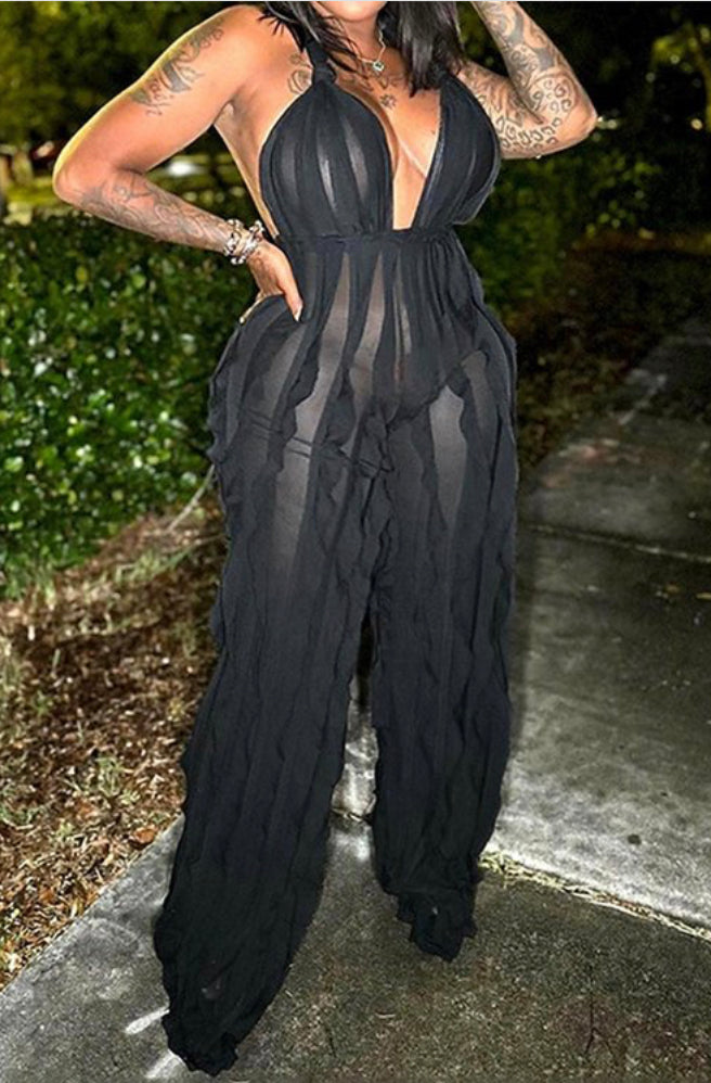 Mesh Ruffled Jumpsuit (available in black only)