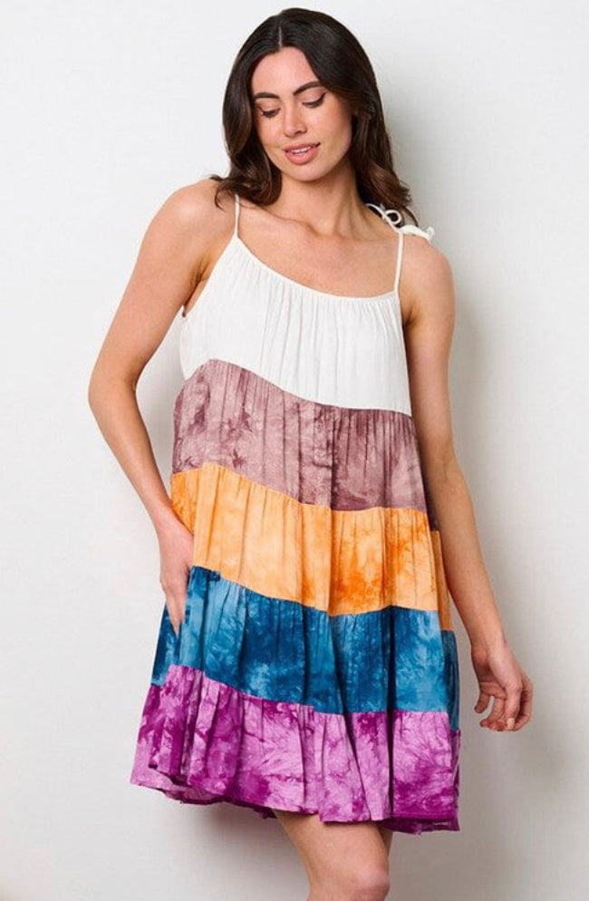 Tie-Dye Color Block Tiered Dress