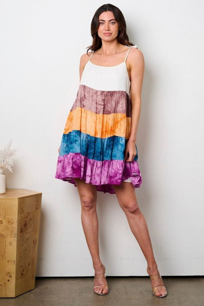 Tie-Dye Color Block Tiered Dress