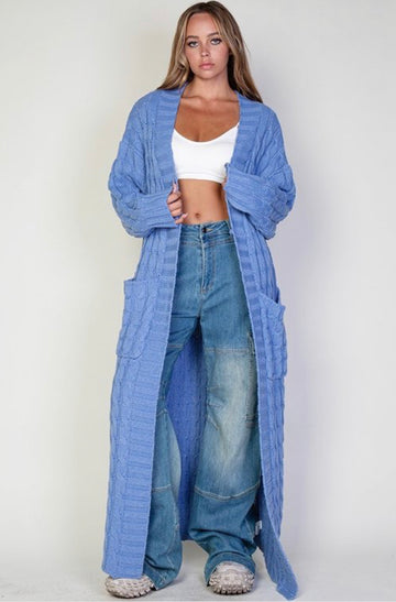 Oversized Blue Maxi Length Sweater Cardigan