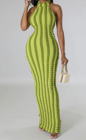 Green Stripe Popcorn Dress