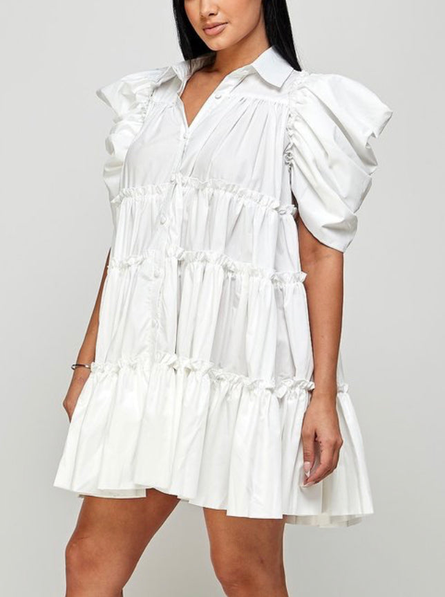 White Balloon Sleeve Dress