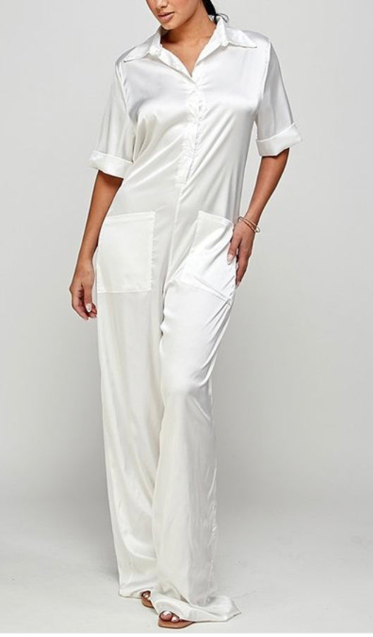 Oversized Long White Button Down Front Jumpsuit