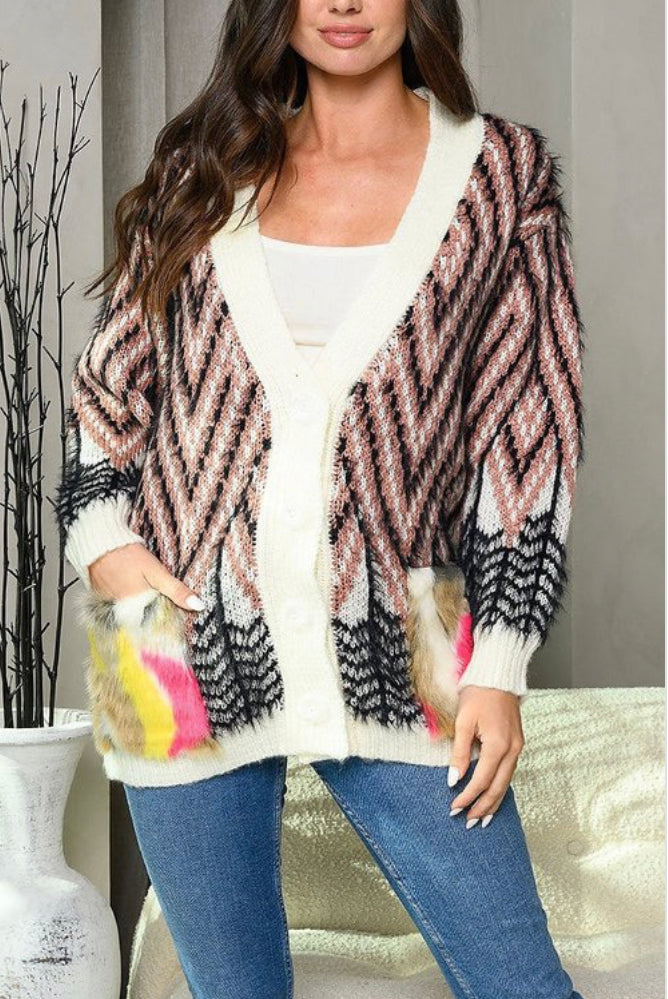 BUTTON UP FEATHER DETAILED POCKETS CARDIGAN