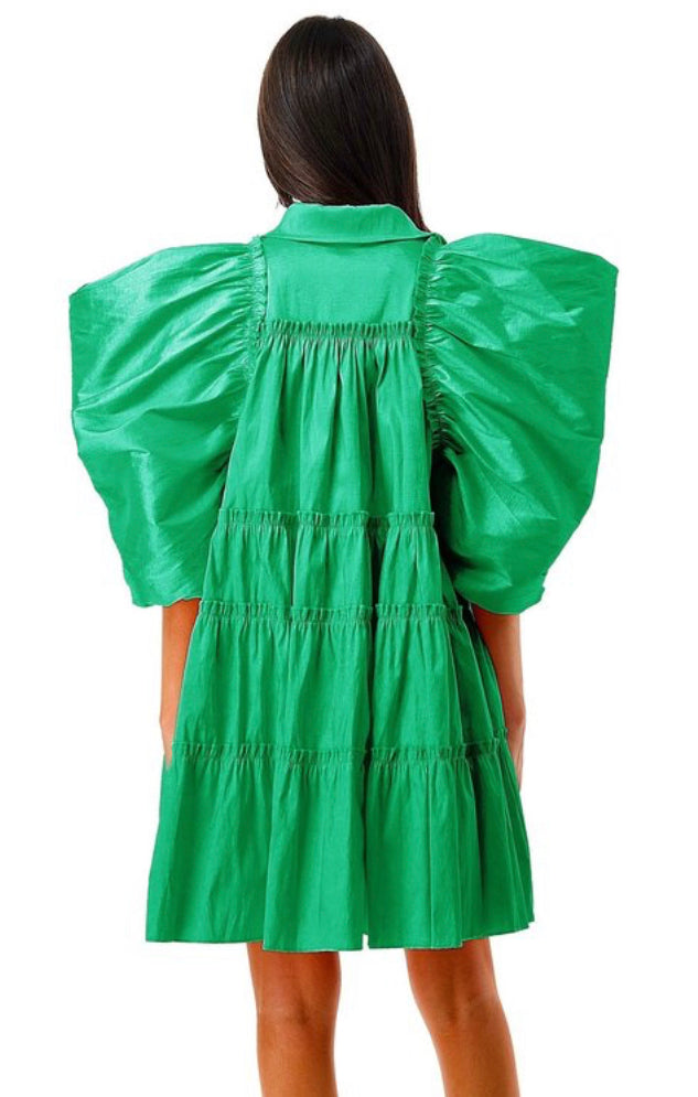 Green Balloon Sleeve Dress