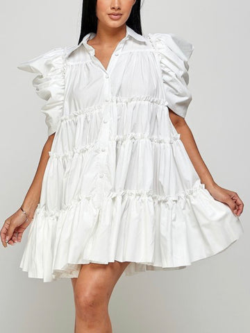 White Balloon Sleeve Dress